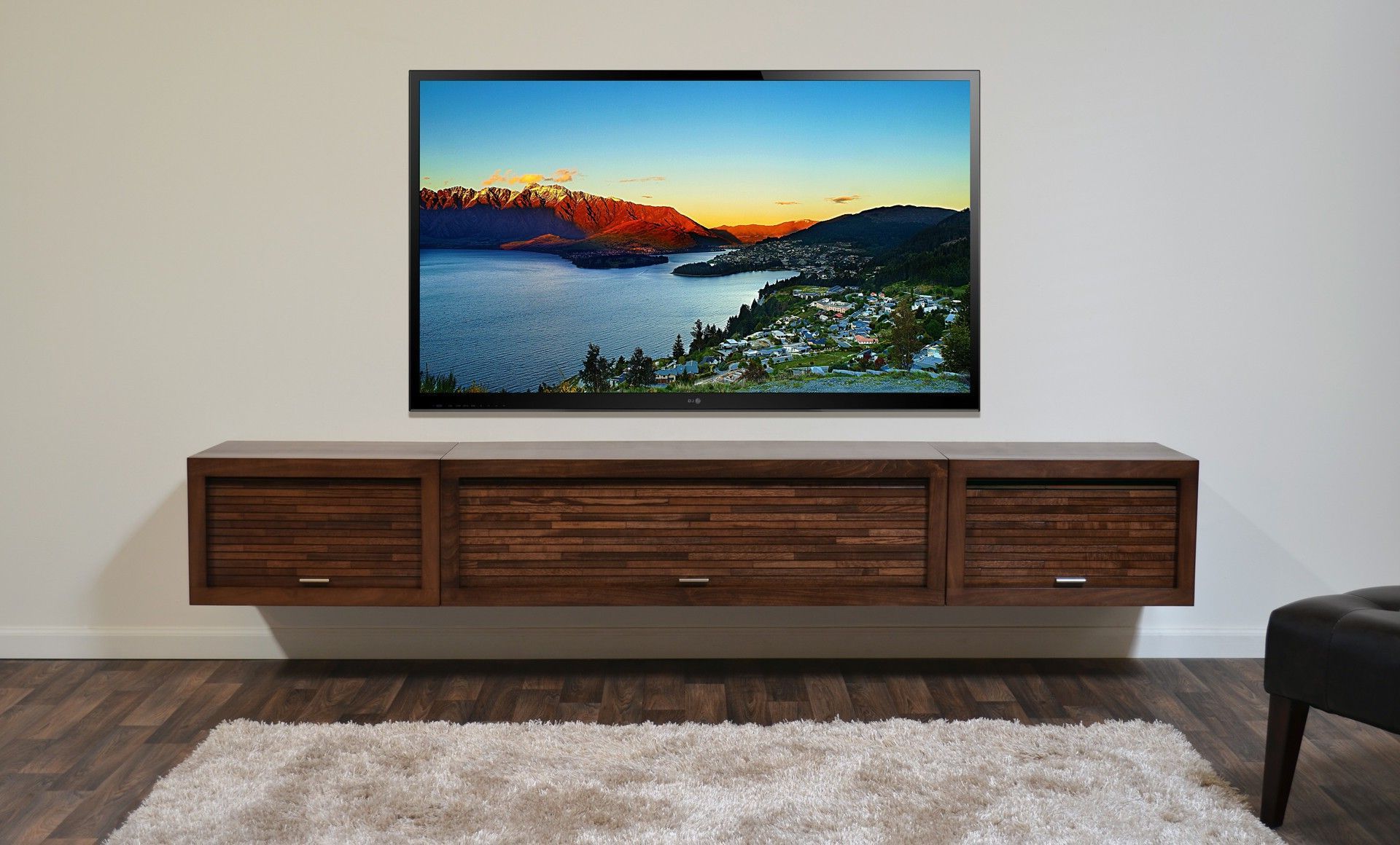 Furniture Lcd Tv And Rectangle Brown Wooden Floating Tv Stand On Intended For Most Recent White Wall Mounted Tv Stands (View 18 of 20)