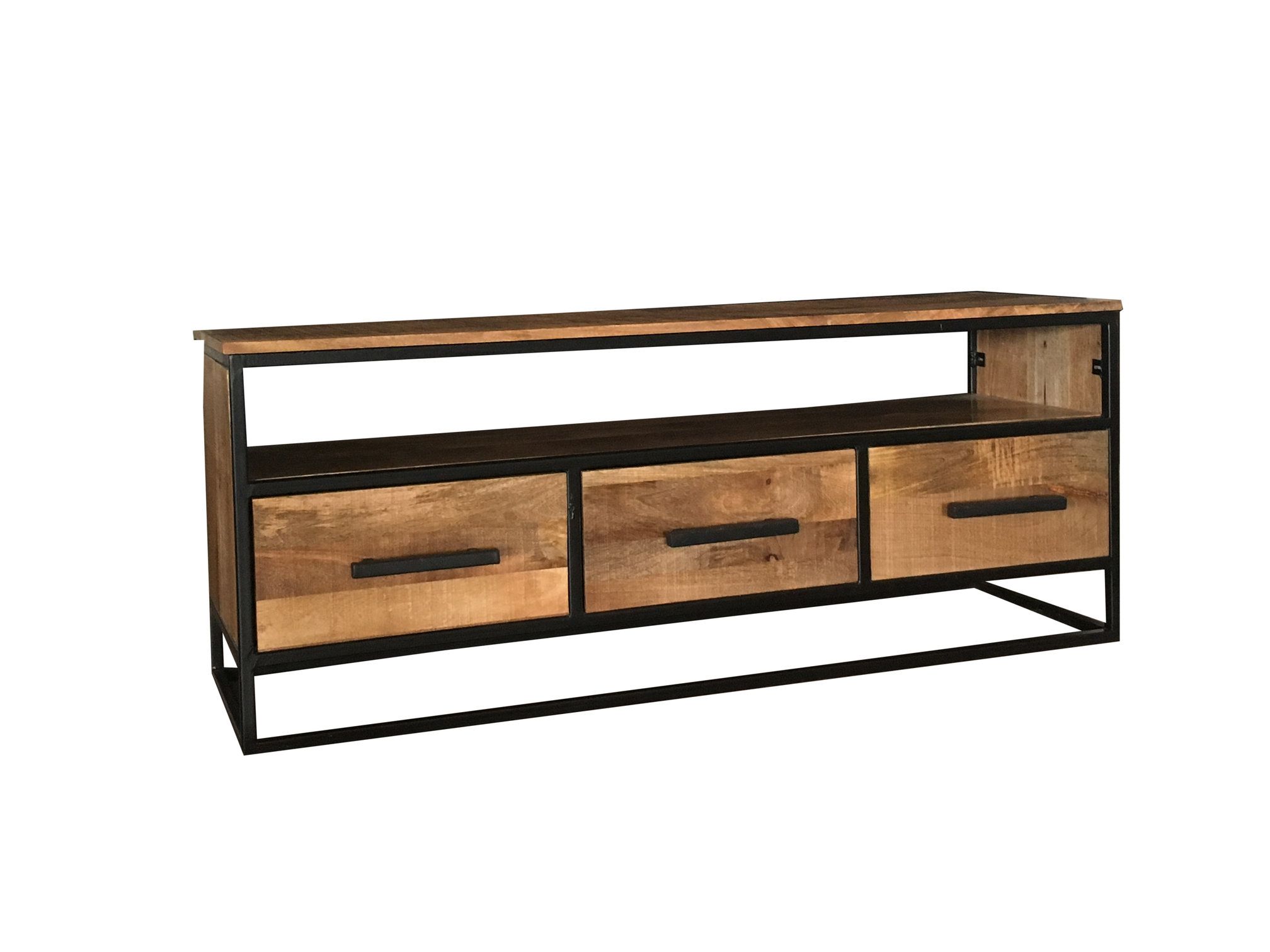 Industrial Style 140 Cm Light Mango Wood 3 Drawer Tv Stand Media Intended For Most Recently Released Metal And Wood Tv Stands (Photo 18 of 20)