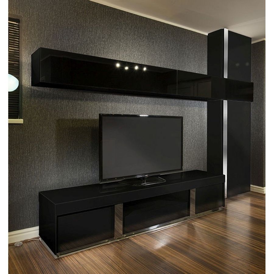 Large Tv Stand + Wall Mounted Storage Cabinet Black Glass Black Within Best And Newest Black Gloss Tv Wall Units (View 10 of 20)