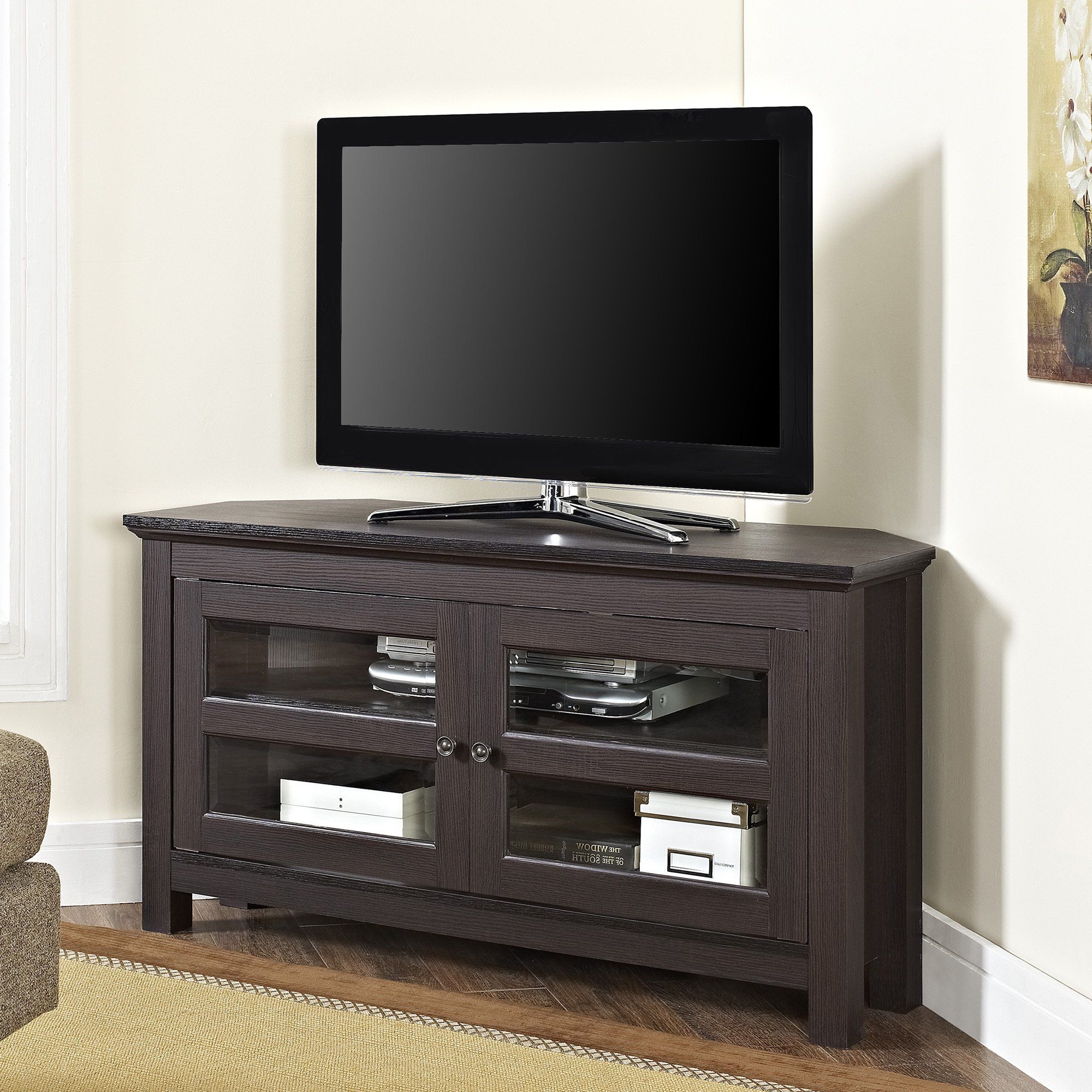 Latest Corner Tv Cabinets For Flat Screens With Doors Within Shop Espresso Wood 44 Inch Corner Tv Stand – Free Shipping On Orders (View 17 of 20)