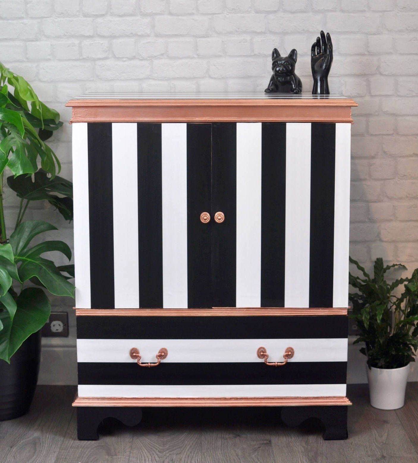 Latest Gold Tv Cabinets Regarding Upcycled Retro Vintage Tv Cabinet In Black & White Stripe, Rose Gold (View 8 of 20)