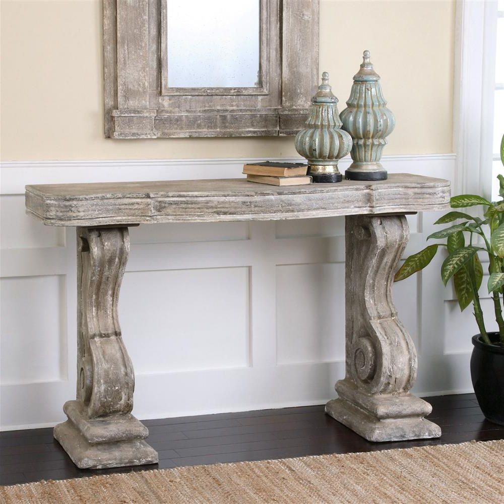 Lisette French Country Antique Grey Stone Carved Console Table Within Widely Used Antique White Distressed Console Tables (View 17 of 20)