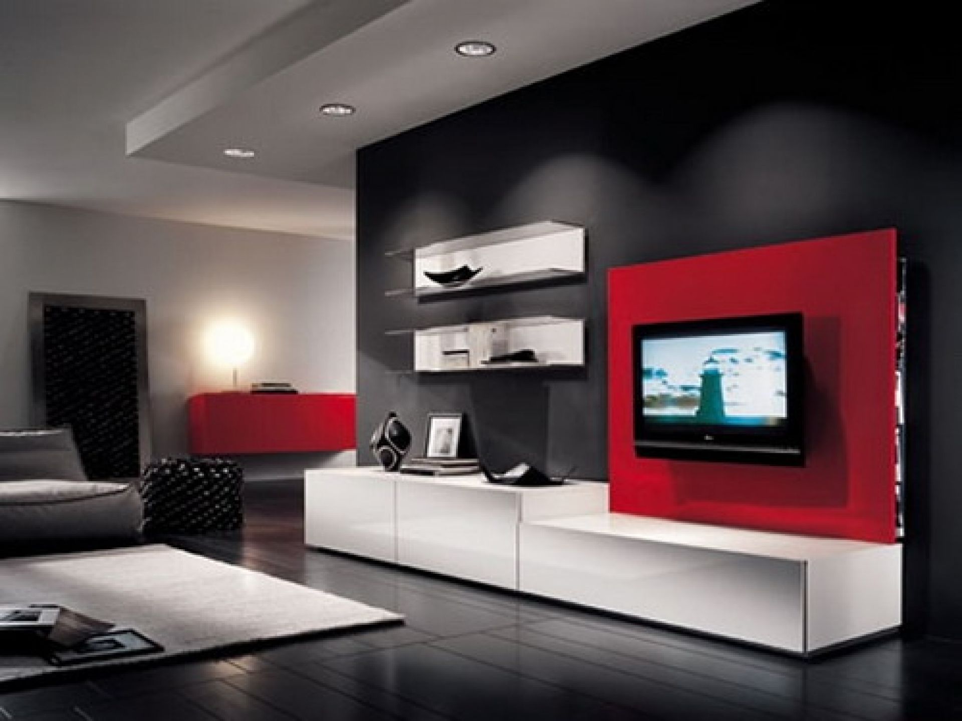 Most Current Furniture White Woode Tv Cabinet Connected Lcd Tv On Red Wall With Within Red Tv Cabinets (Photo 3 of 20)
