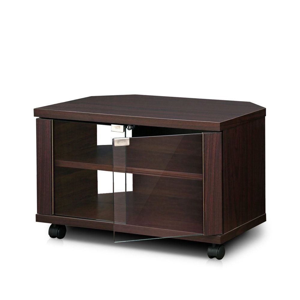 Most Popular Indo 3 Tier Petite Tv Stand With Double Glass Doors And Casters Inside Double Tv Stands (View 12 of 20)