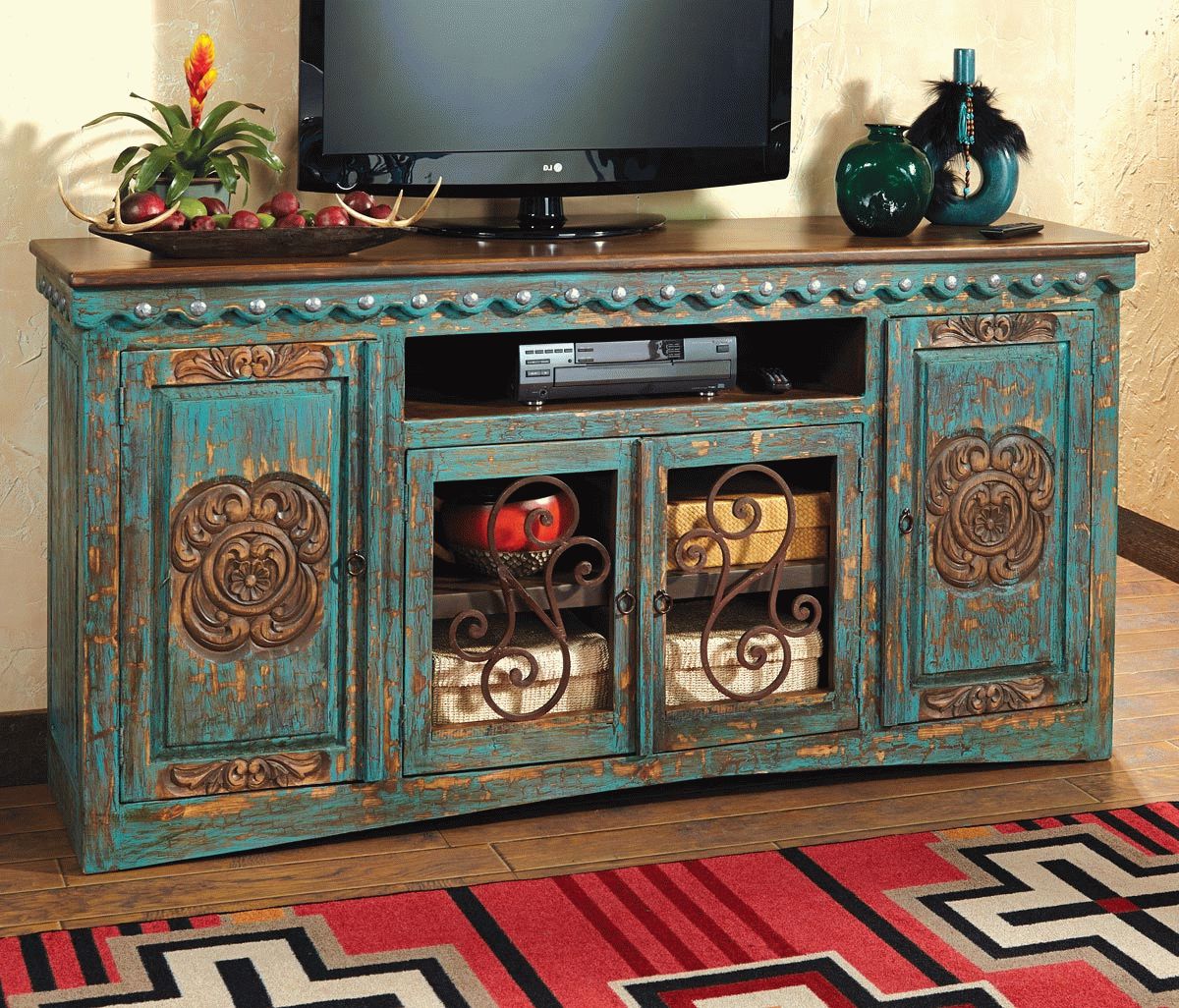 Most Popular Rustic Pine Tv Cabinets Regarding Rustic Tv Stands: Santa Maria Turquoise Entertainment Console (View 14 of 20)