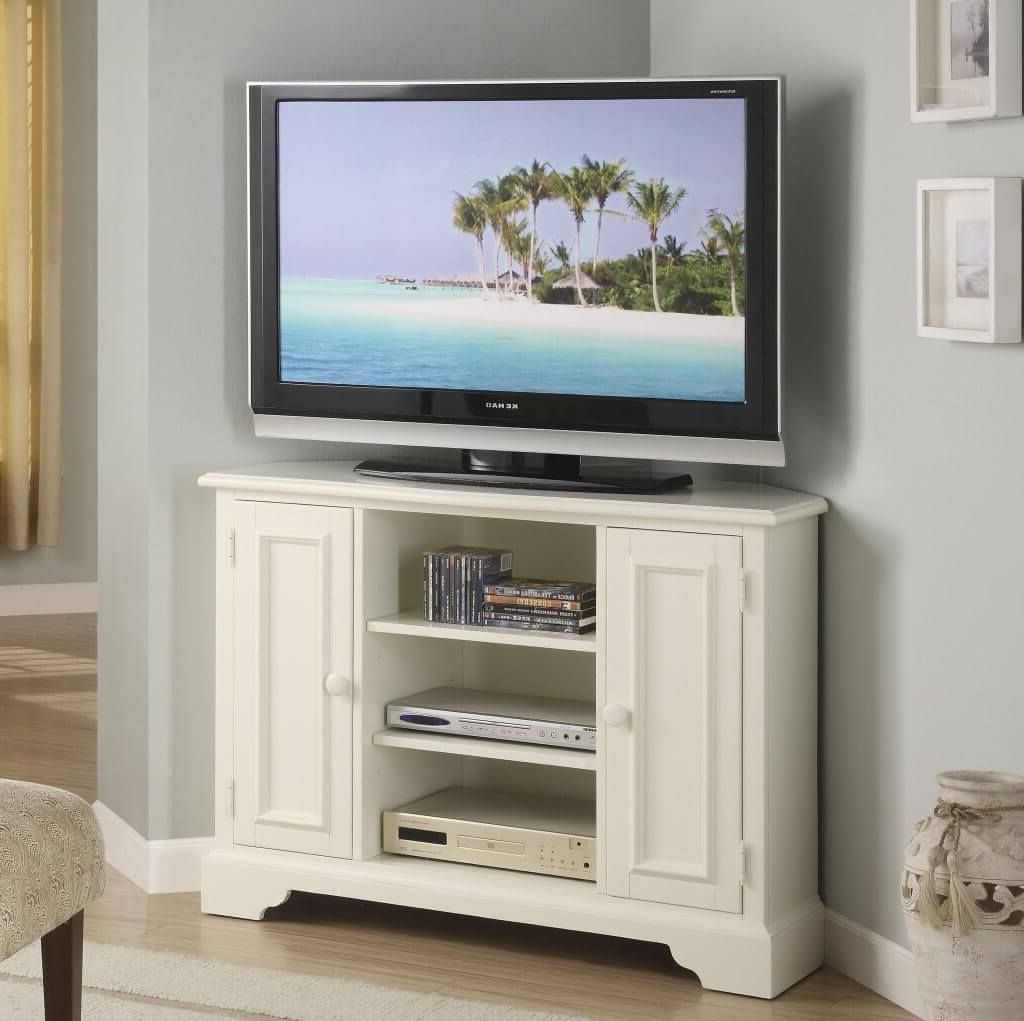 Most Recent Double Tv Stands Regarding Marvelous White Corner Tv Stands Featuring Double Side Cabinets With (Photo 20 of 20)