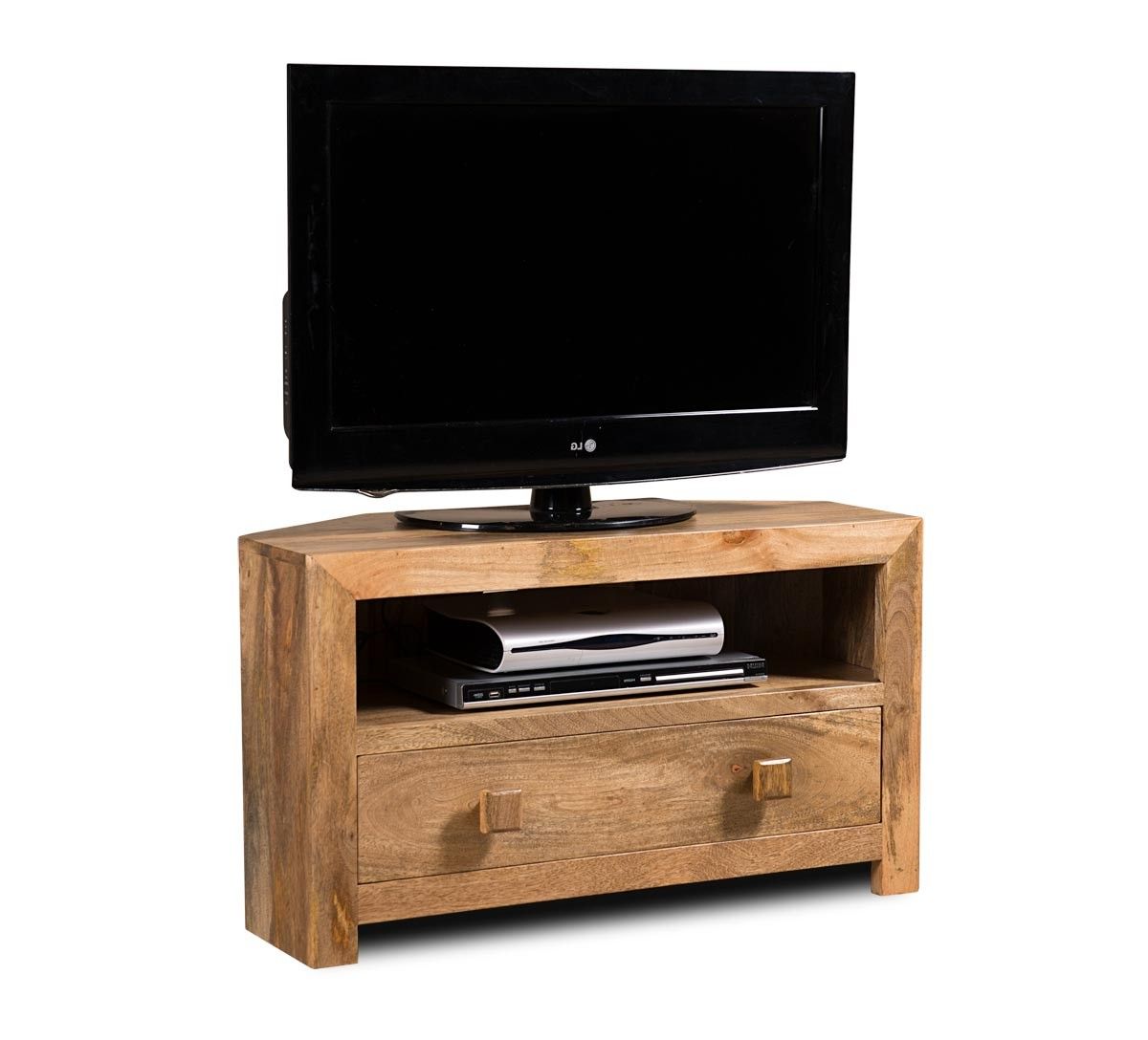 Most Recent Wood Corner Tv Cabinets Regarding Dakota Light Mango Small Corner Tv Stand (View 7 of 20)
