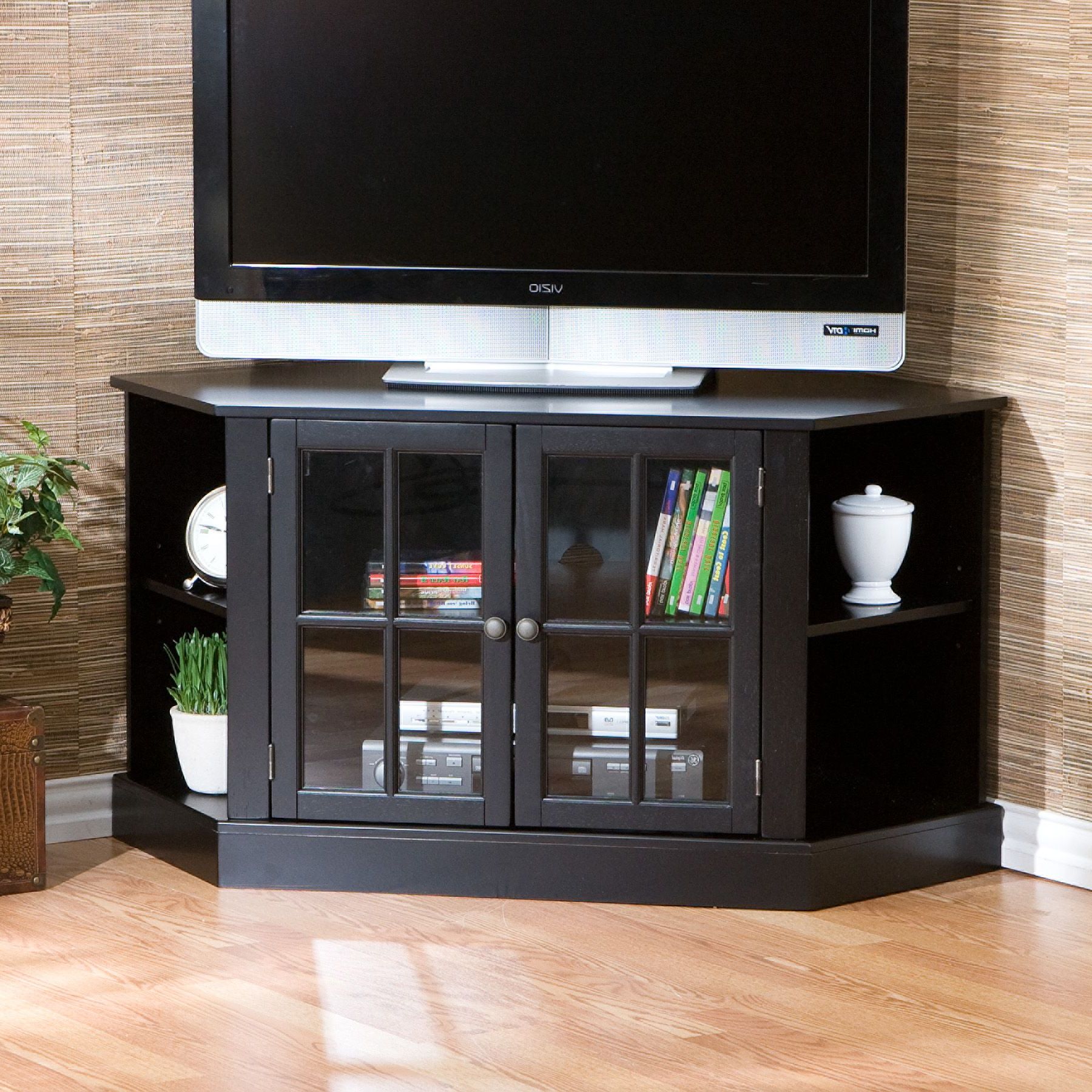 Most Recently Released Black Corner Tv Cabinets Intended For Alice Black Corner Tv Stand Media Center Window Pane Glass Doors (View 17 of 20)