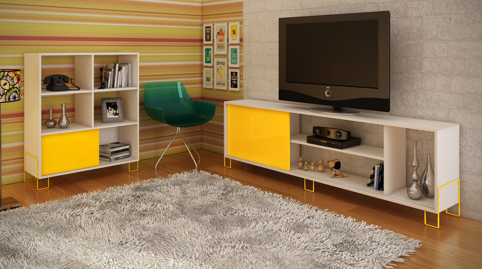 Nacka White & Yellow Tv Stand 1.0 W/ 4 Shelvesmanhattan Comfort Throughout Best And Newest Yellow Tv Stands (Photo 9 of 20)