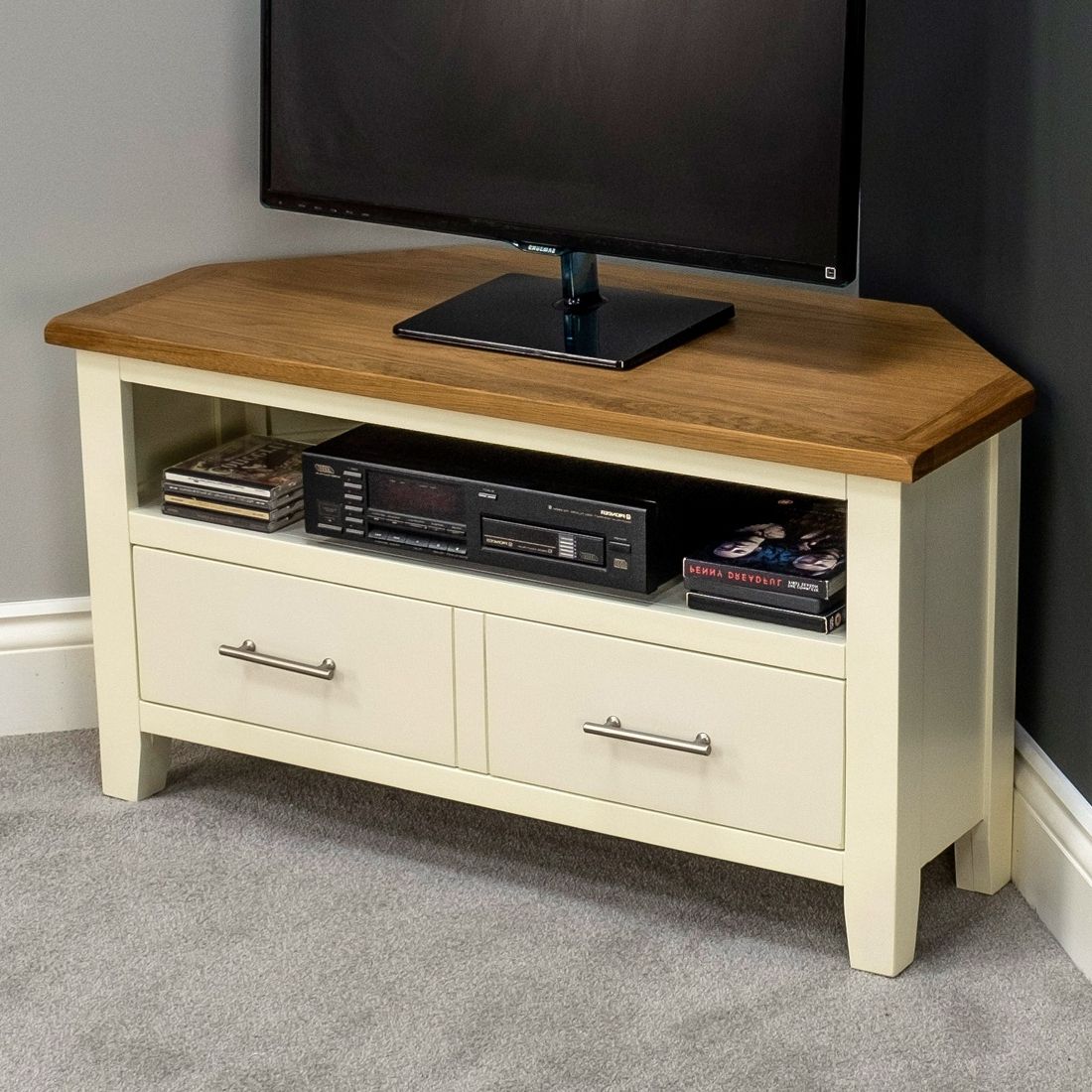 Nebraska Painted Cream Oak Corner Tv Stand / Solid Wood Tv Unit Within Widely Used Cream Corner Tv Stands (View 6 of 20)