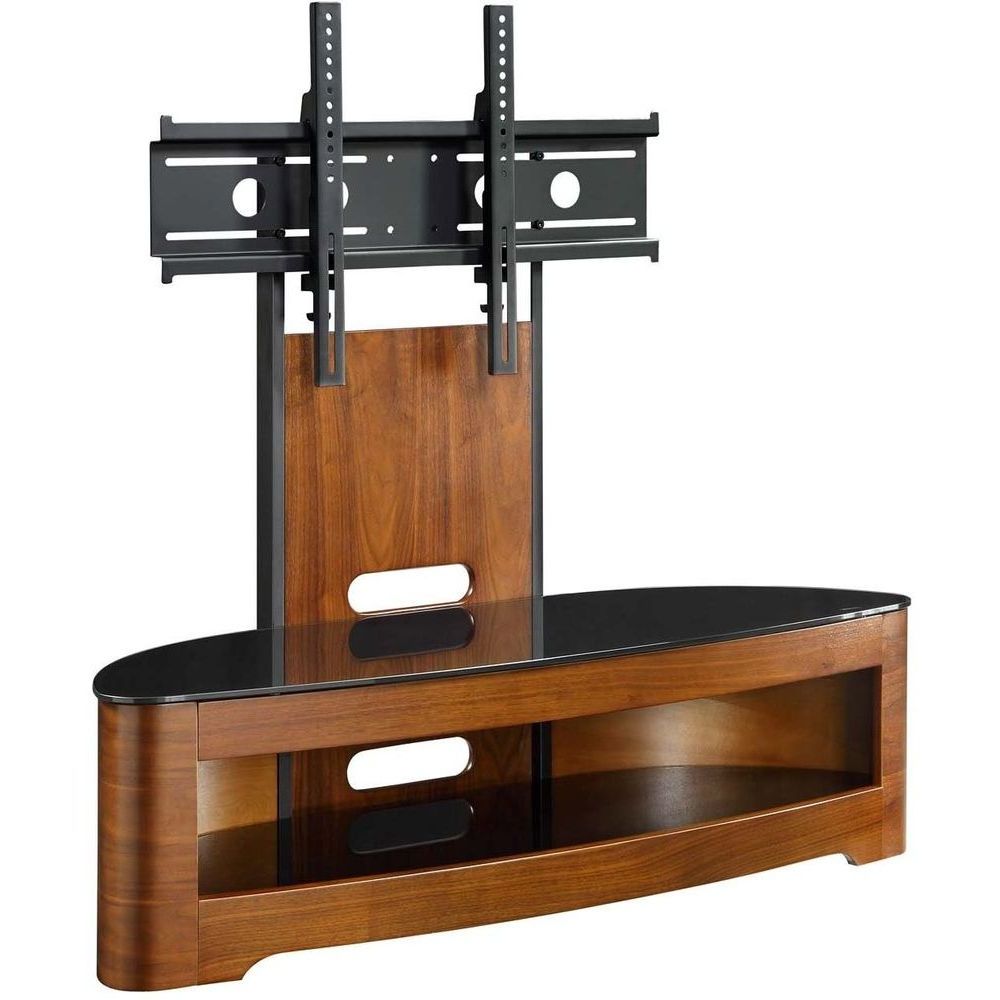 Newest Walnut Light Wooden Stand W/ Mount Bracket Black Glass Regarding Cantilever Glass Tv Stands (View 6 of 20)