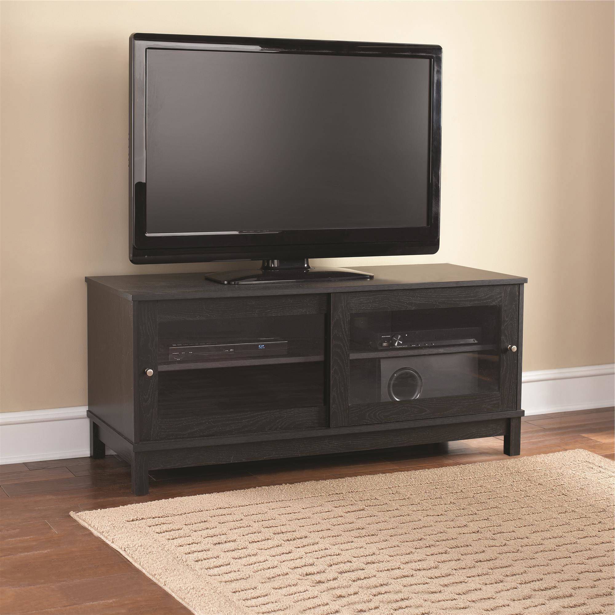 Popular Mainstays 55" Tv Stand With Sliding Glass Doors, Multiple Colors With Regard To Contemporary Glass Tv Stands (View 9 of 20)
