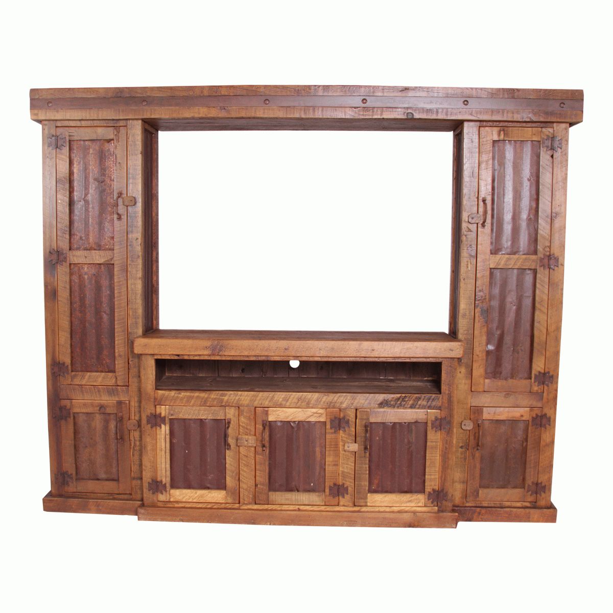 Popular Rustic Tv Stands: Old West Tin 4 Piece Entertainment Center With Rustic Looking Tv Stands (View 18 of 20)