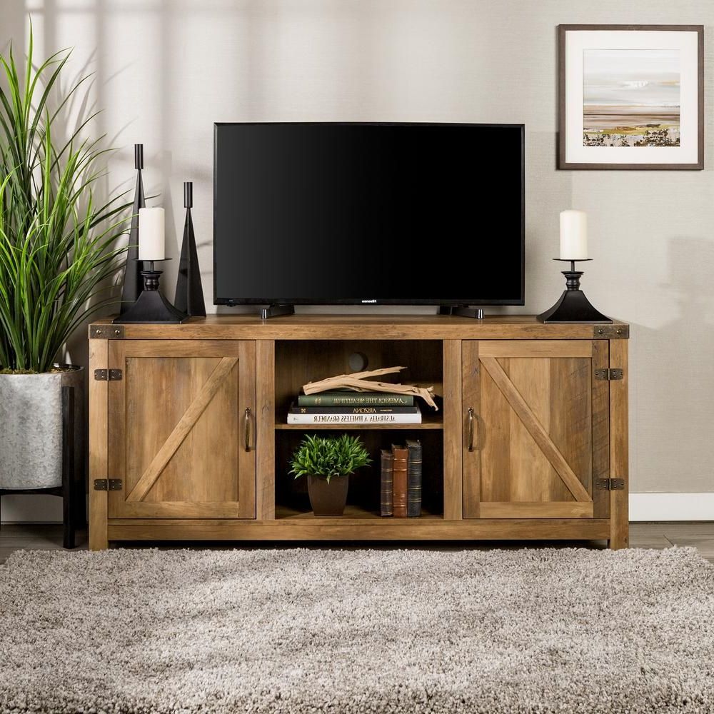 Popular Walker Edison Furniture Company 58 In. Rustic Oak Barn Door Tv Stand Regarding Rustic Wood Tv Cabinets (Photo 14 of 20)