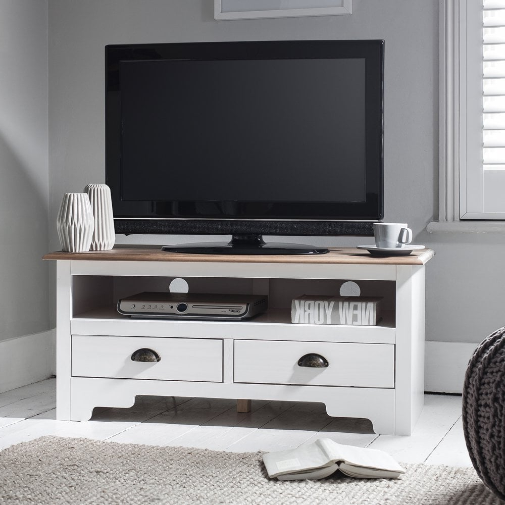 Preferred Noah Rustic White 66 Inch Tv Stands With Regard To Canterbury Tv Unit In White & Dark Pine (View 15 of 20)