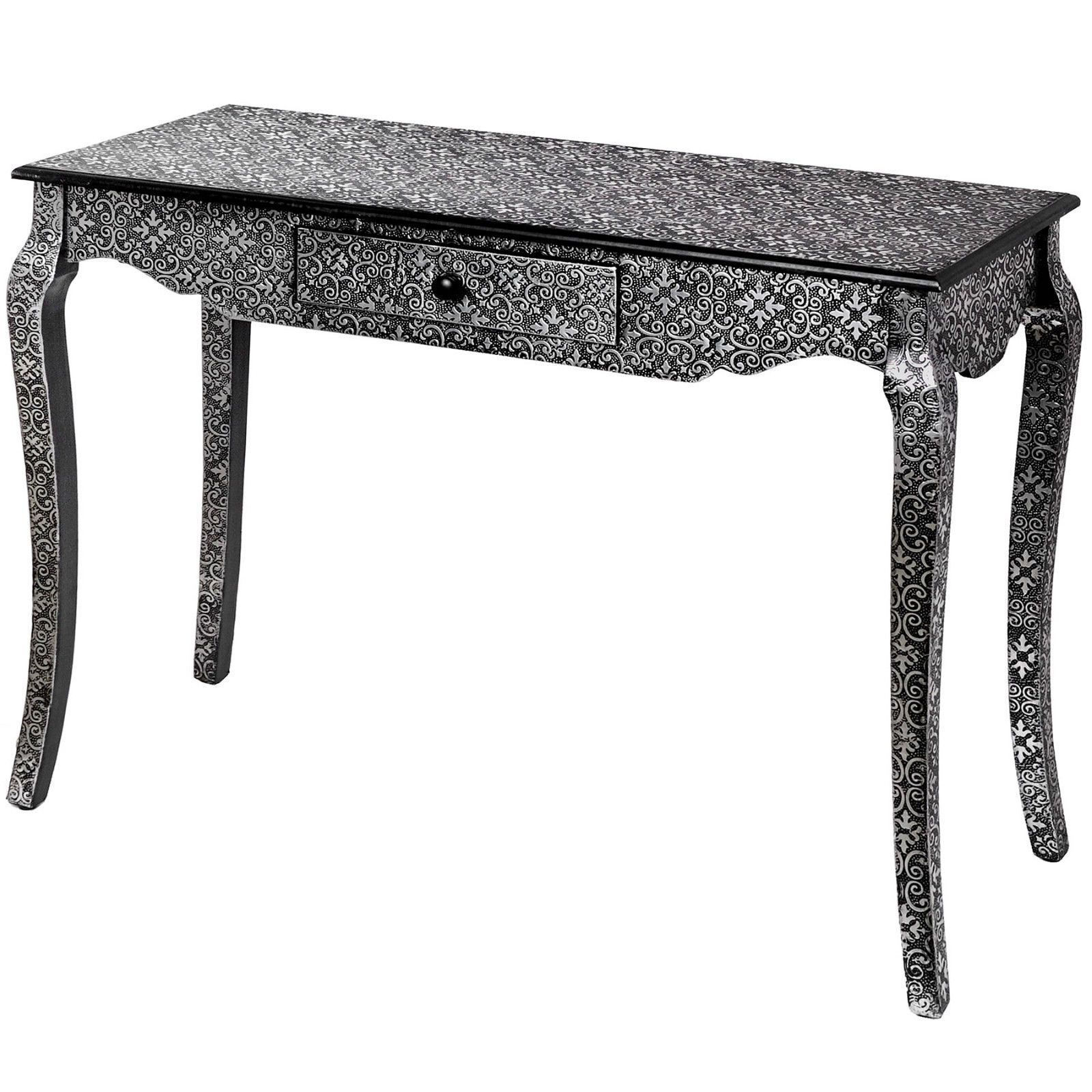 Recent Black And White Inlay Console Tables Inside Marrakech Moroccan Style Carved Black Silver Wood Dressing Pedestal (View 10 of 20)