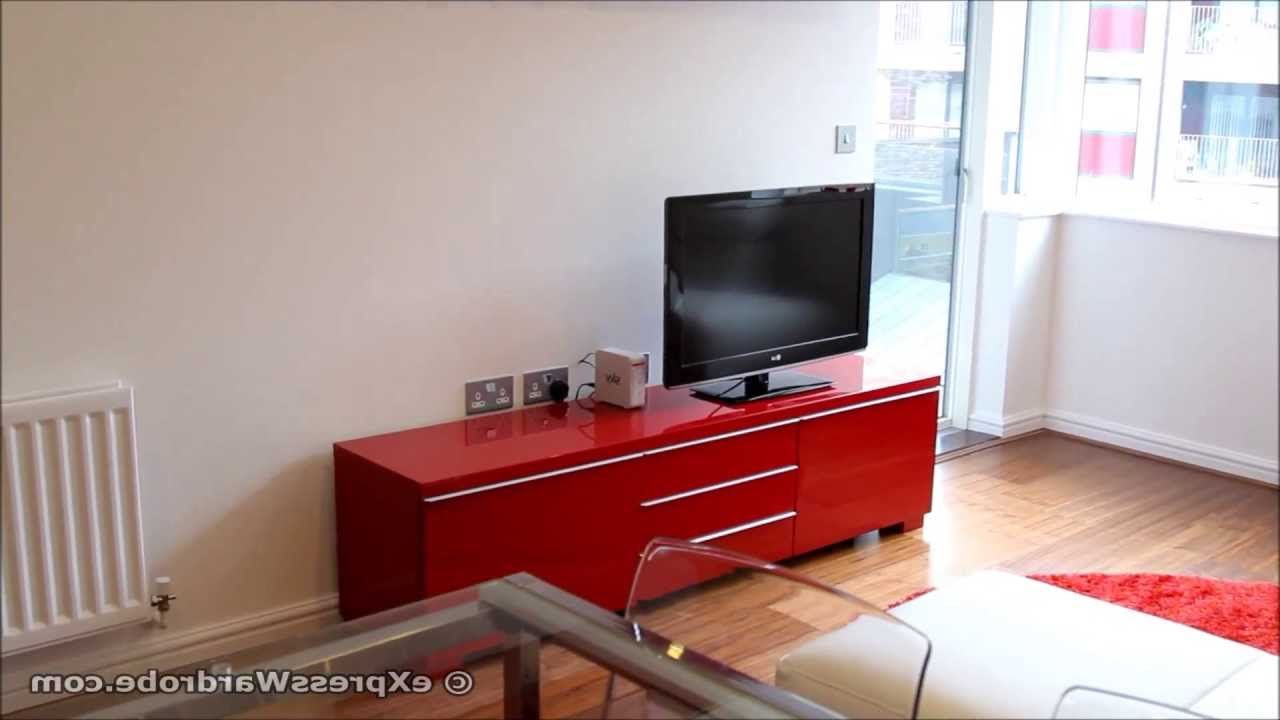 Red Gloss Tv Cabinets Inside Preferred Ikea Besta Burs Tv Bench With Storage, Glass Extendable Dining Table (Photo 12 of 20)