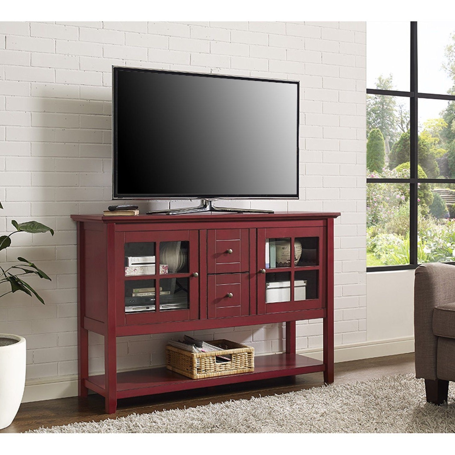 Red Tv Stands Throughout Recent Red Tv Stand 55" Wood & Glass Media Console Cabinet Table Furniture (View 8 of 20)