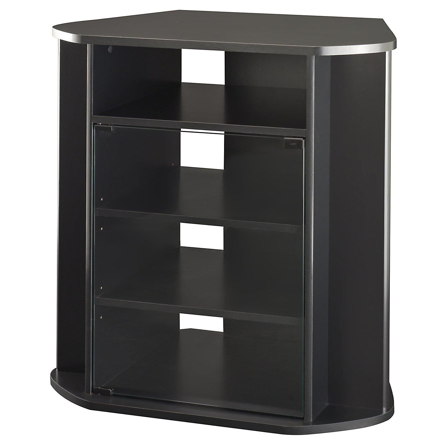 Tall Black Corner Tv Cabinet With Glass Doors And Four Shelves Of For Latest Corner Tv Cabinets With Glass Doors (View 14 of 20)