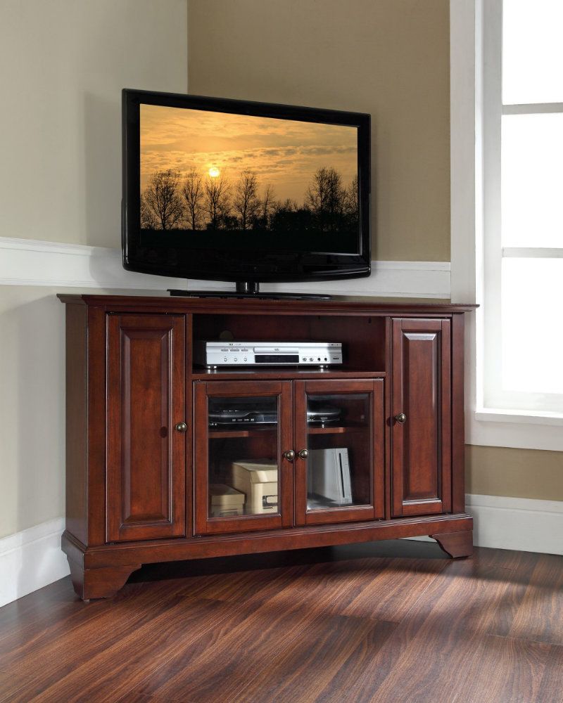 Trendy Dark Brown Corner Tv Stands Intended For Dark Tv Stands Brown Finished Wooden Table With Under Gldoor Rack (View 7 of 20)