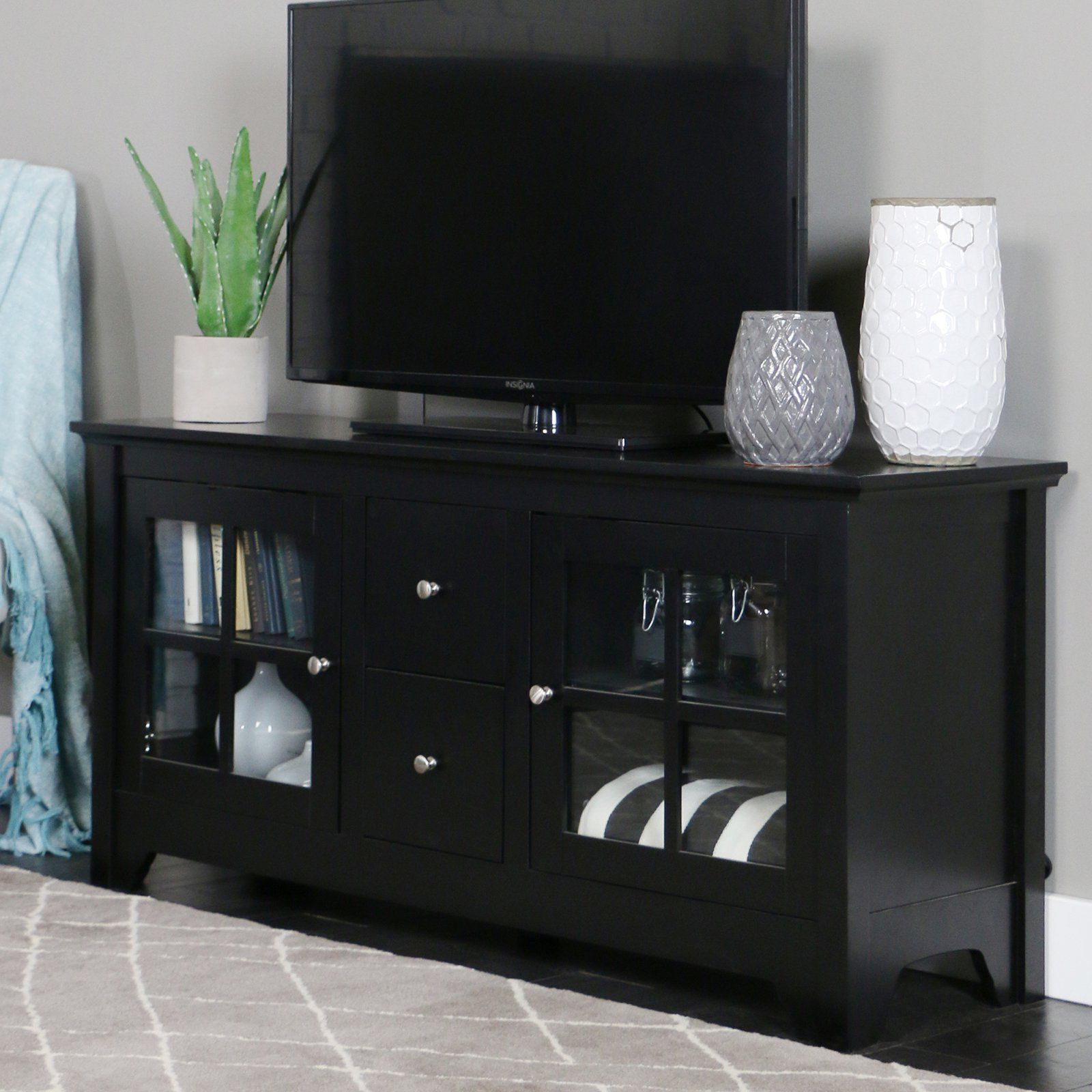 Walker Edison 53 In. Wood Tv Console With 2 Drawers – Matte Black In Within Best And Newest Black Tv Cabinets With Drawers (Photo 15 of 20)