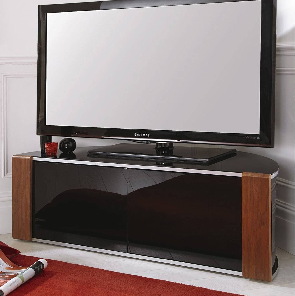 Walnut And Black Gloss Tv Units Pertaining To 2017 Walnut Or Oak With Gloss Black Corner Tv Cabinet Sirius 1200 – Big Av (View 14 of 20)