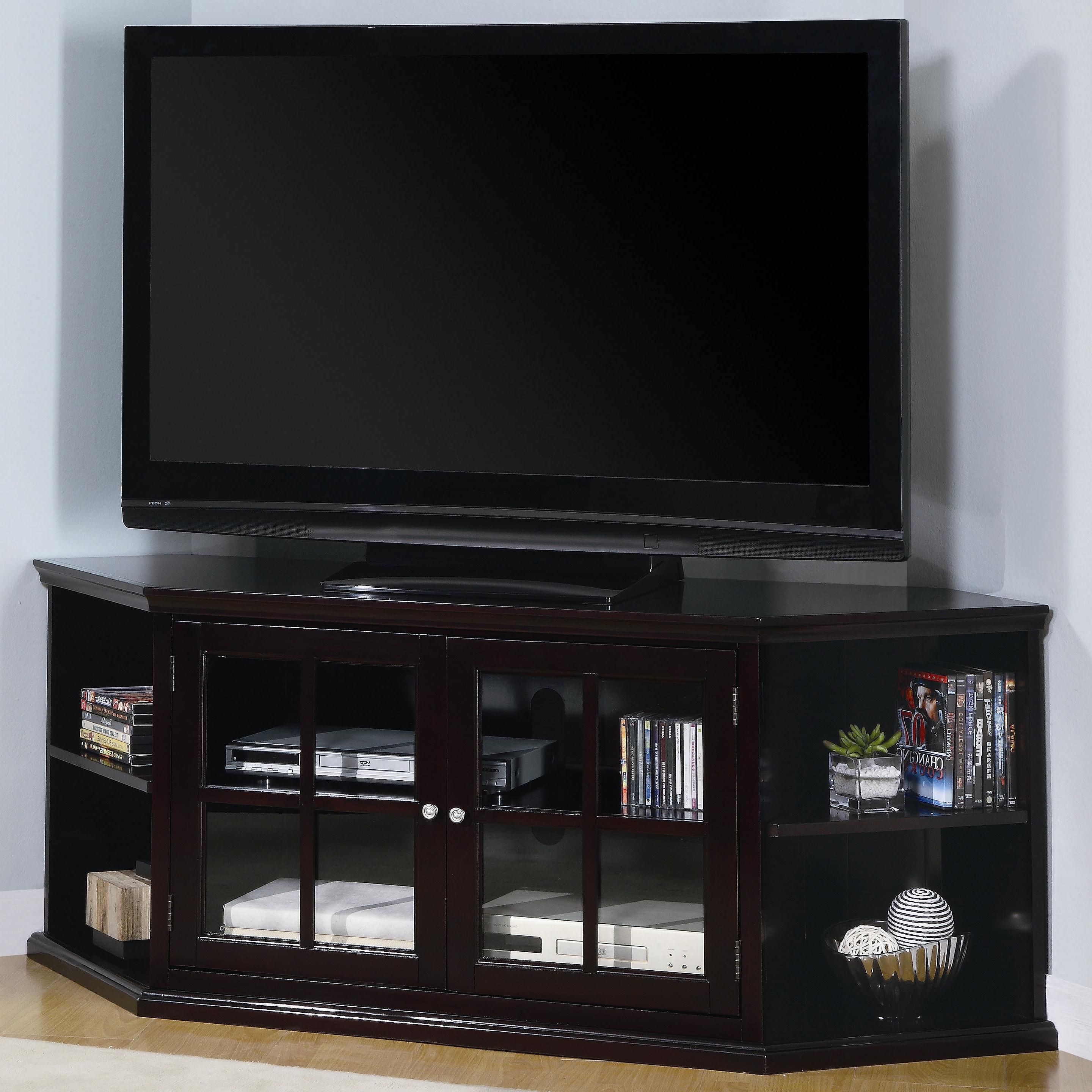 Well Known Tv Cabinets With Glass Doors Regarding Coaster Fullerton Transitional Corner Media Unit With Glass Doors (Photo 4 of 20)