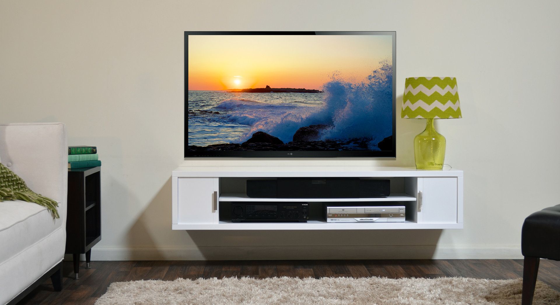 White Wall Mounted Tv Stands In Most Popular Furniture: To Wall Mounted Tv Stand With Tv Wall Mount With Shelf (View 5 of 20)