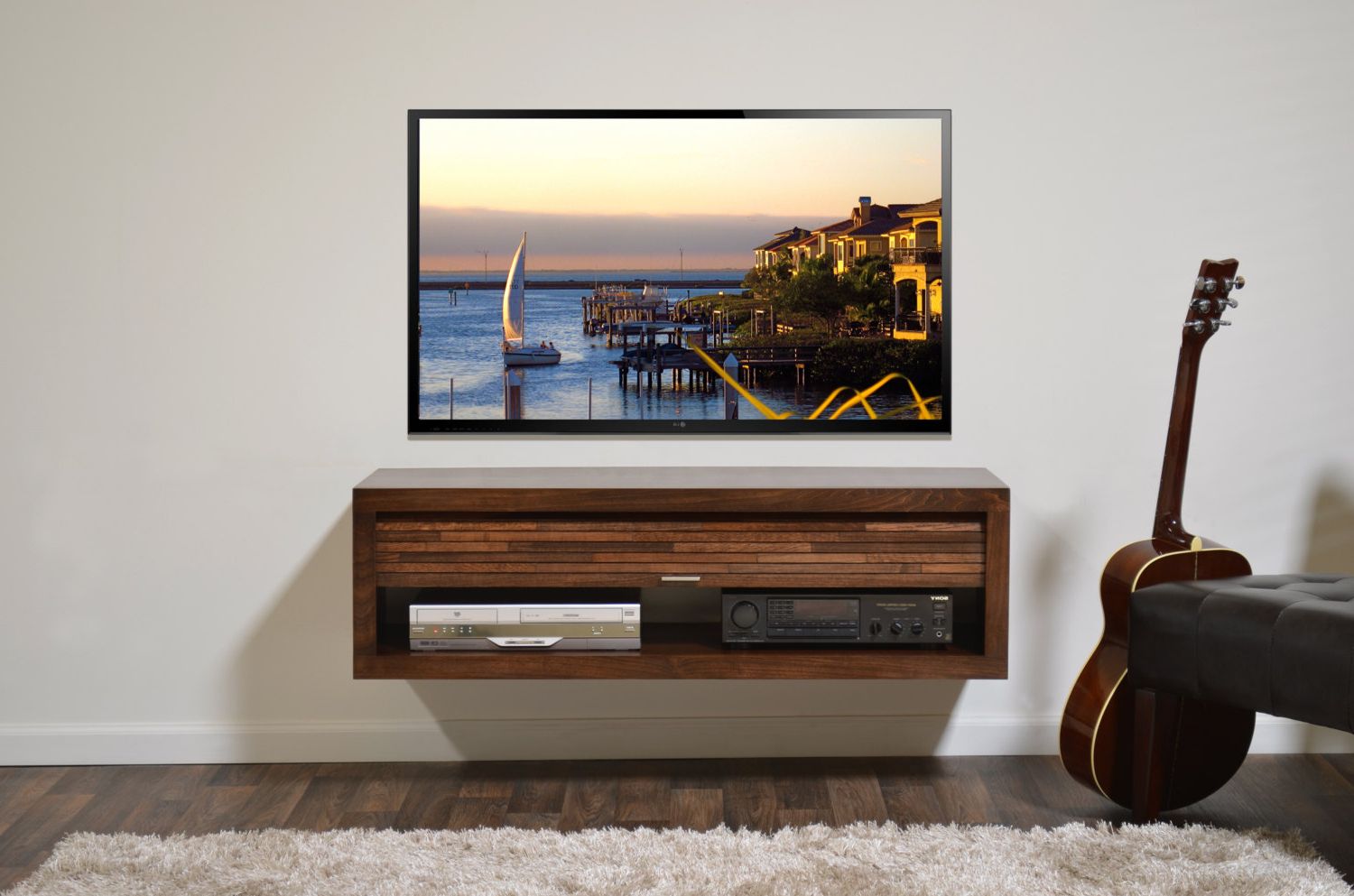 White Wall Mounted Tv Stands Inside Favorite Hardwood Floating Tv Stand Design In Varnished Finish Come With (Photo 10 of 20)