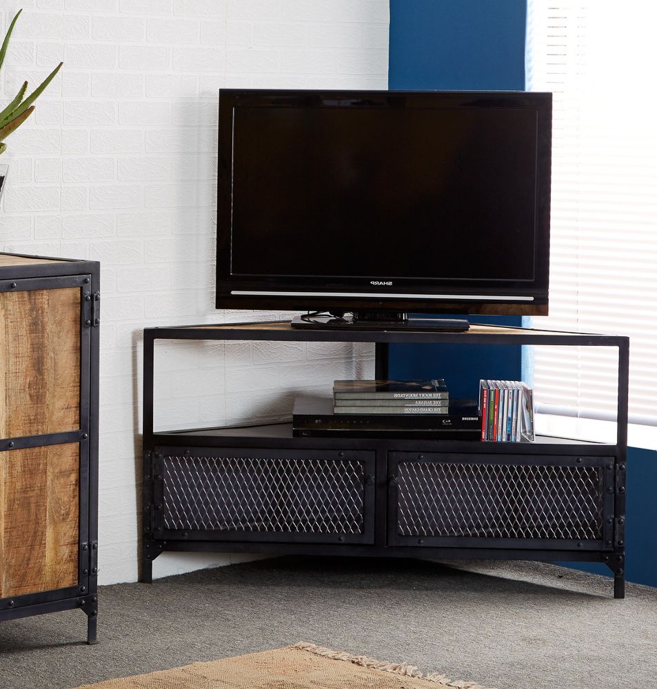 Widely Used Industrial Corner Tv Stands Inside Furniture: White Paint Wall Also Shag Area Rug And Corner Tv Stands (View 16 of 20)