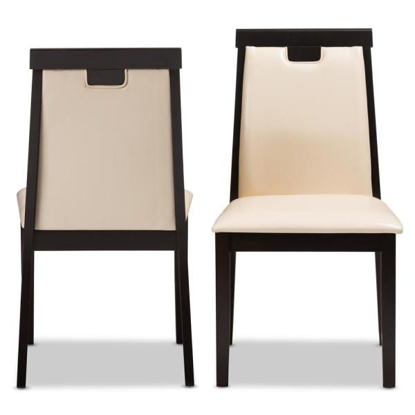 Well Liked Evellen 5 Piece Solid Wood Dining Sets (set Of 5) Throughout Baxton Studio Evelyn Beige And Dark Brown Faux Leather Dining Chair (View 13 of 20)