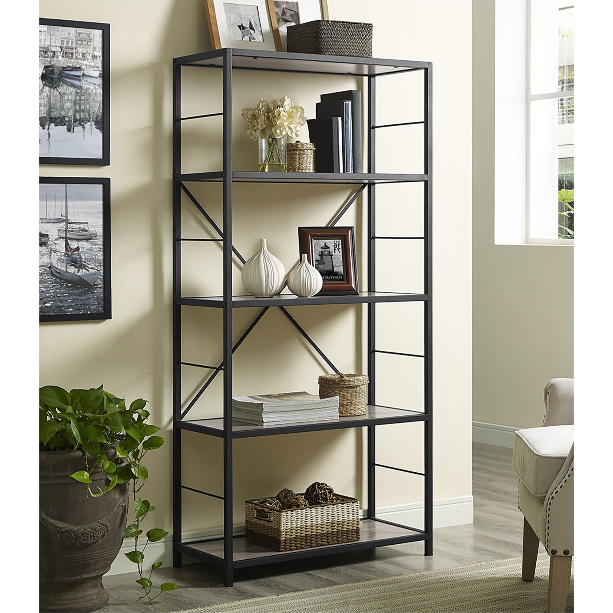 Most Current 60" Rustic Metal And Wood Media Bookshelf – Driftwood (60 Intended For Moskowitz Ladder Bookcases (Photo 20 of 20)