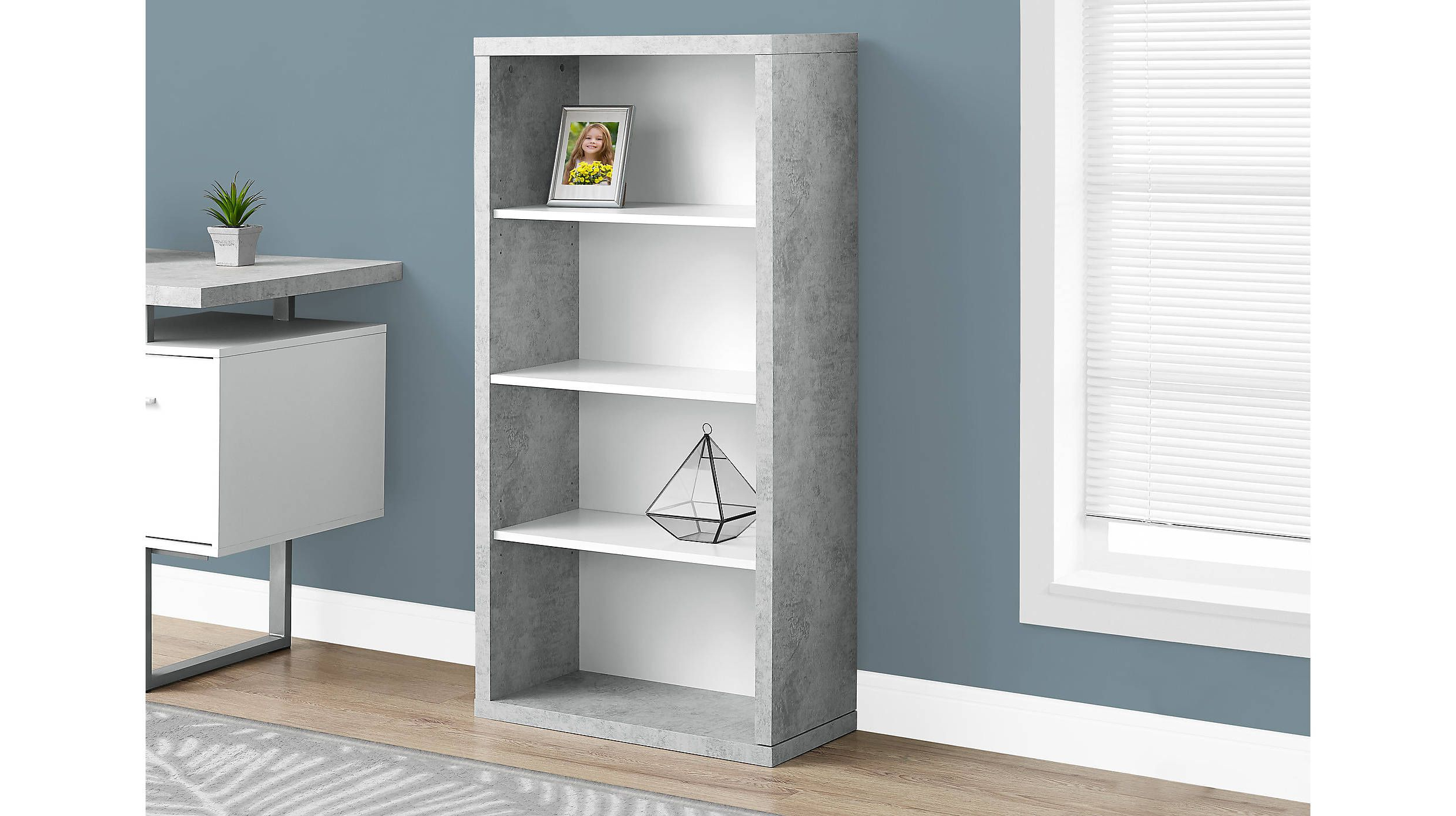 Product Details Gray Faux Cement Bookcase With White Shelves With 2020 Harkless Standard Bookcases (Photo 6 of 20)