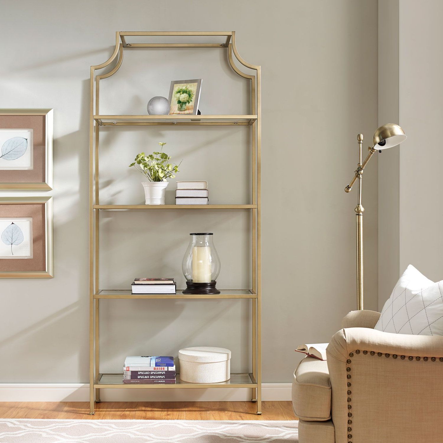 Well Known Crosley Furniture Aimee Gold Glass Etagere Cf6101 Gl With Damon Etagere Bookcases (View 3 of 20)