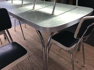 Most Up To Date Eleni 35'' Dining Tables For Retro Dining Table & 6 Chairs Green Laminex & Chrome  (View 3 of 25)