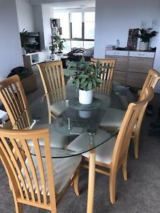 Oval Glass Dining Table With 6 Chairs Pine / Beige Colour Inside Best And Newest Eleni 35'' Dining Tables (View 22 of 25)