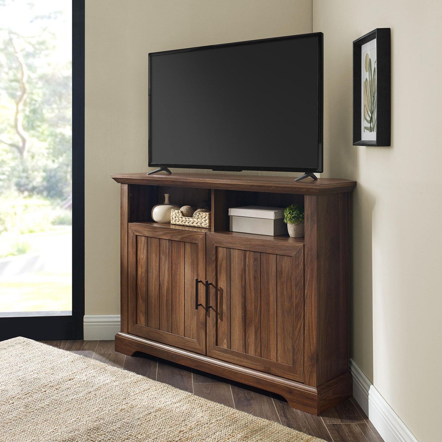 2018 Lionel Corner Tv Stands For Tvs Up To 48" Intended For Modern Farmhouse Grooved Door Corner Tv Console For Tv's (View 6 of 10)