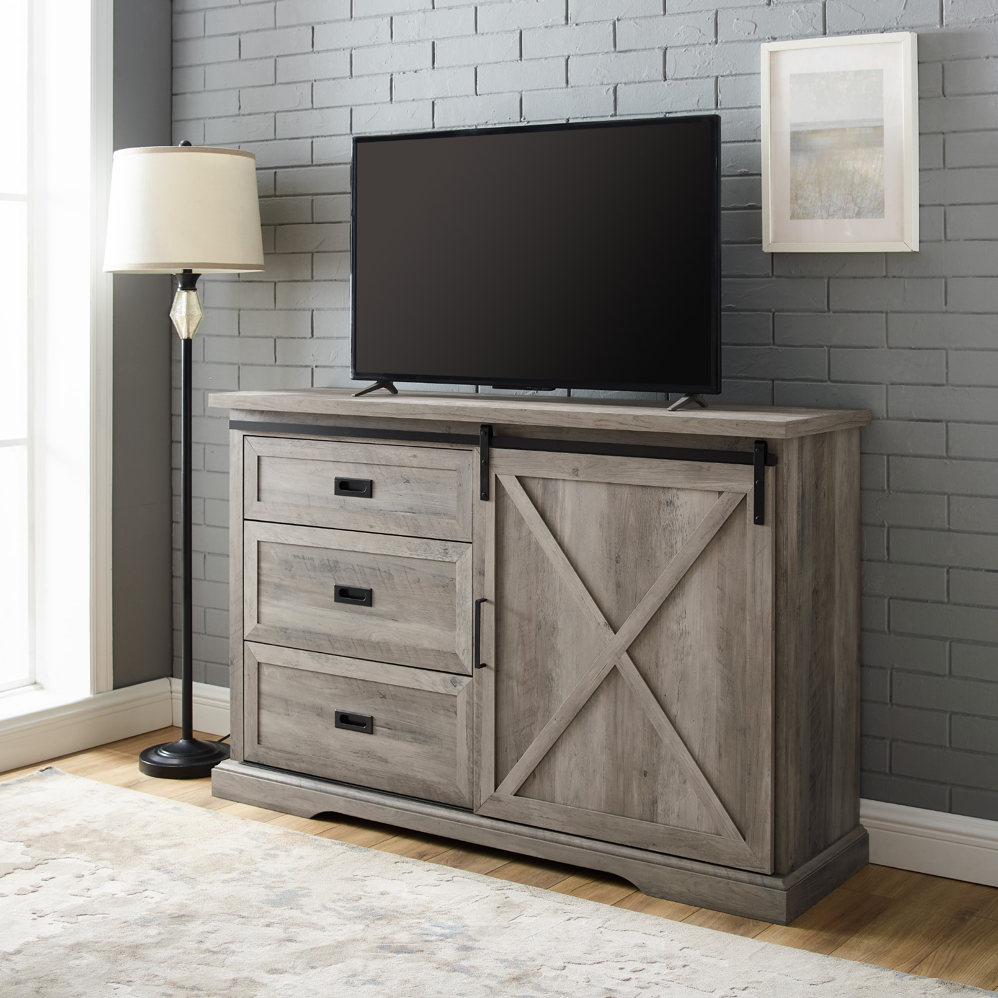 2018 Manor Park Sliding Door Tv Stand For Tvs Up To 60", Grey Within Modern 2 Glass Door Corner Tv Stands (View 6 of 10)