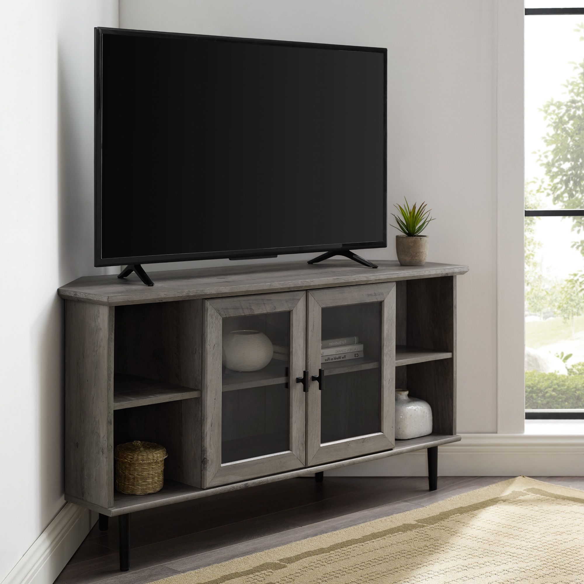 60" Corner Tv Stands Washed Oak With Preferred Manor Park Glass Door Corner Tv Stand For Tvs Up To 55 (Photo 1 of 10)
