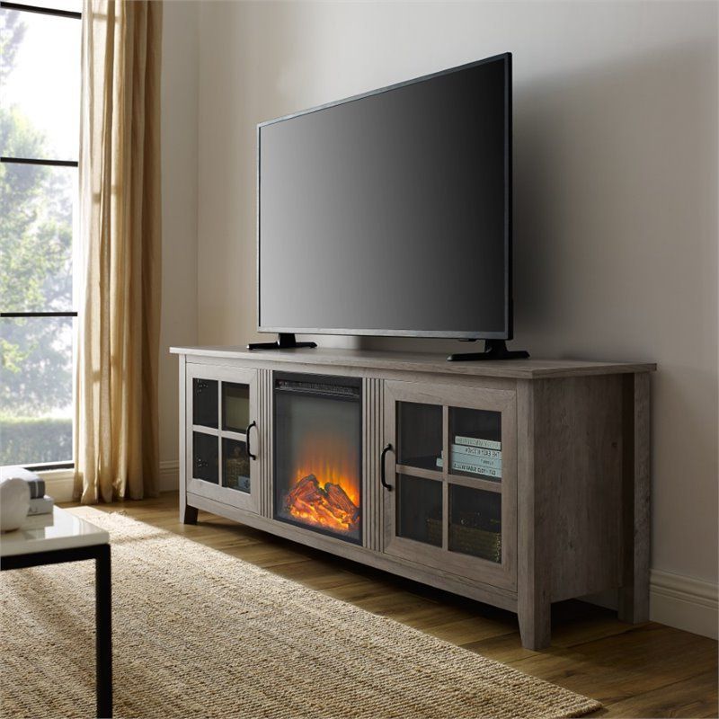 70" Farmhouse Wood Fireplace Tv Stand With Glass Doors With Widely Used Glass Tv Stands For Tvs Up To 70" (Photo 4 of 10)