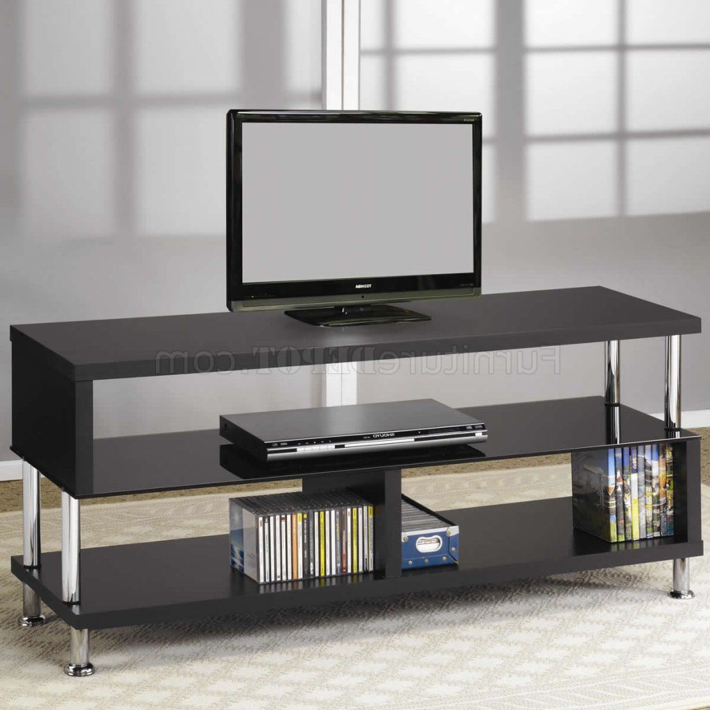 Black Tempered Glass & Chrome Accents Modern Tv Stand Pertaining To Widely Used Modern Black Tv Stands On Wheels With Metal Cart (View 10 of 10)