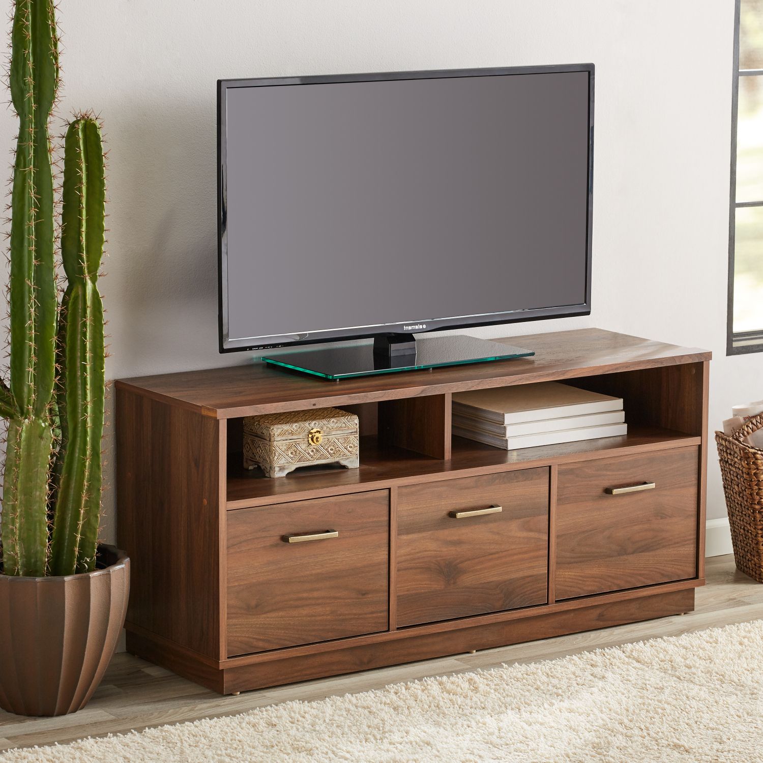 Canyon Walnut 3 Door Tv Stand Console For Tvs Up To 50 In Most Recent Colleen Tv Stands For Tvs Up To 50" (View 1 of 25)