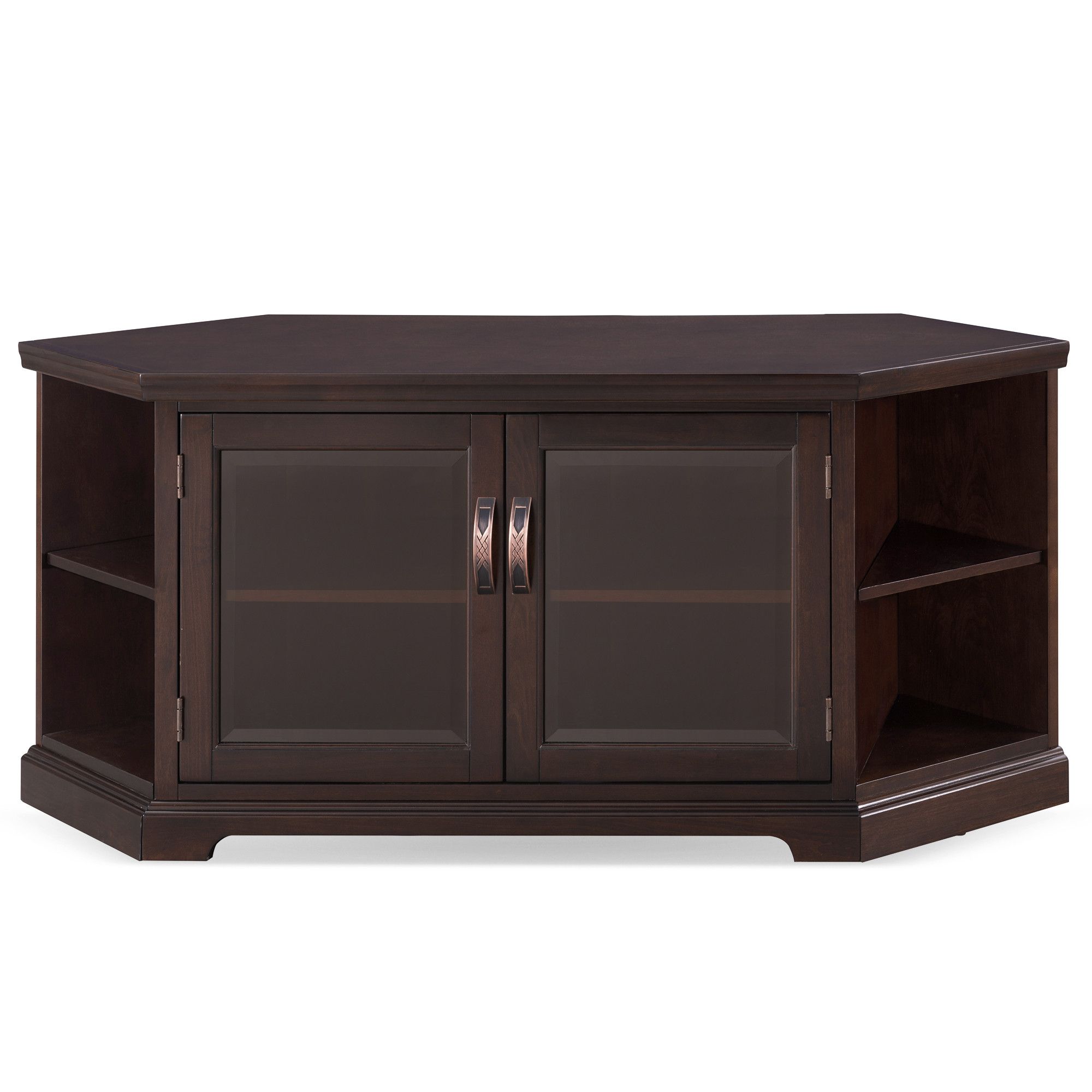 Chocolate Cherry & Bronze Glass Corner Tv Stand With With Regard To Most Recent Exhibit Corner Tv Stands (View 4 of 10)