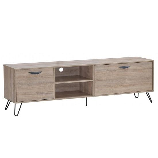 Claudia Brass Effect Wide Tv Stands For Famous Canell Wooden Tv Stand Large In Oak Effect And Black Metal (View 1 of 10)