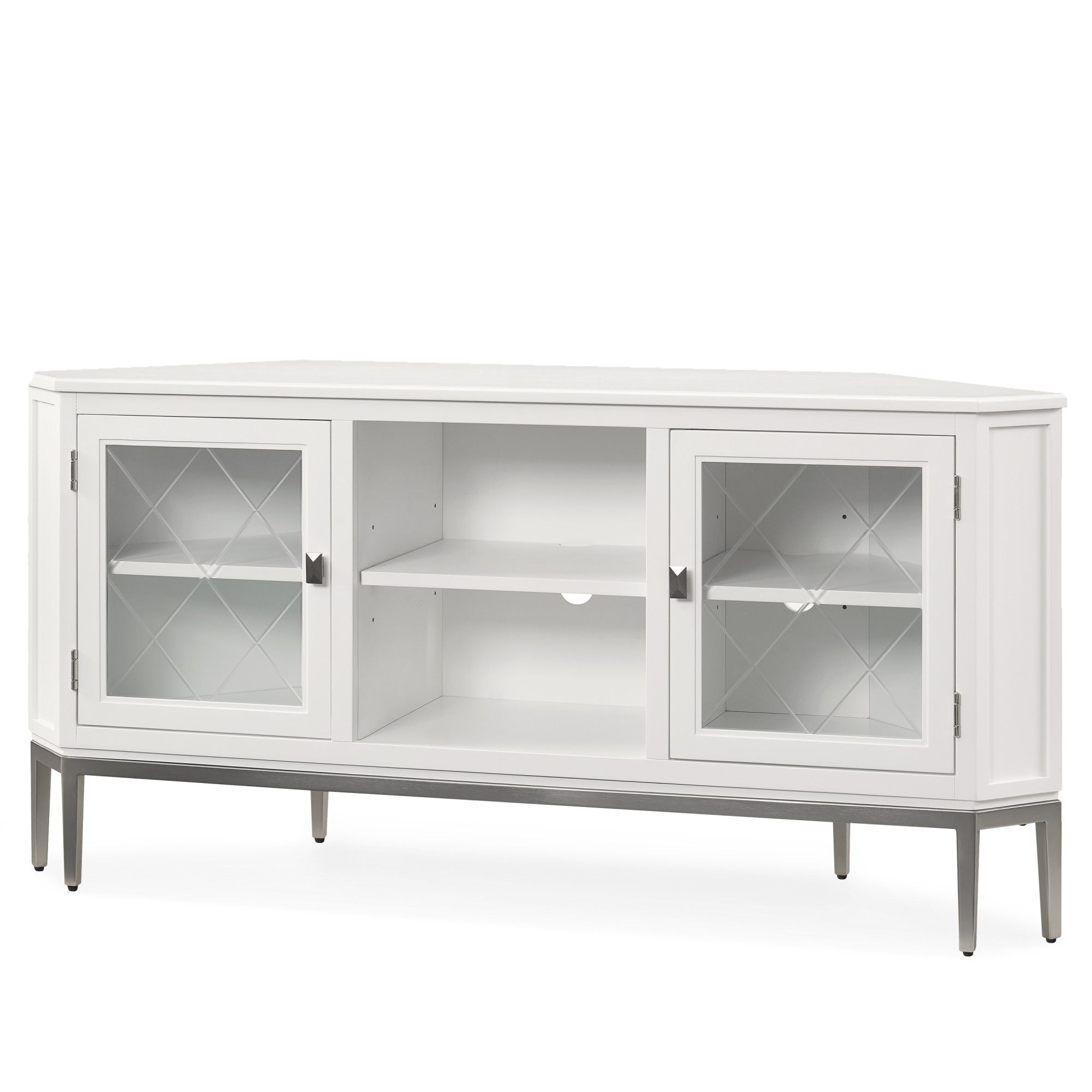 Conrad Metal/glass Corner Tv Stands Within Recent White Corner Tv Stand With Pewter Metal Base For 65" Tv's (Photo 1 of 10)