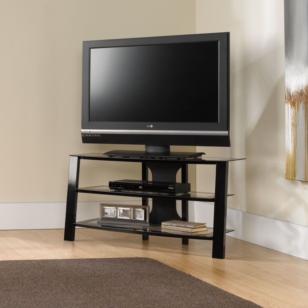 Contemporary 40 Inch Black Metal Tv Stand With Clear Glass Inside Most Recently Released Contemporary Black Tv Stands Corner Glass Shelf (Photo 3 of 10)