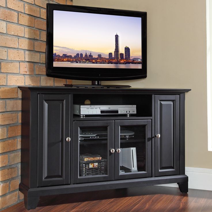 Exhibit Corner Tv Stands Pertaining To Recent Furniture: Corner Black Tv Cabinet On Wood Flooring With (View 8 of 10)