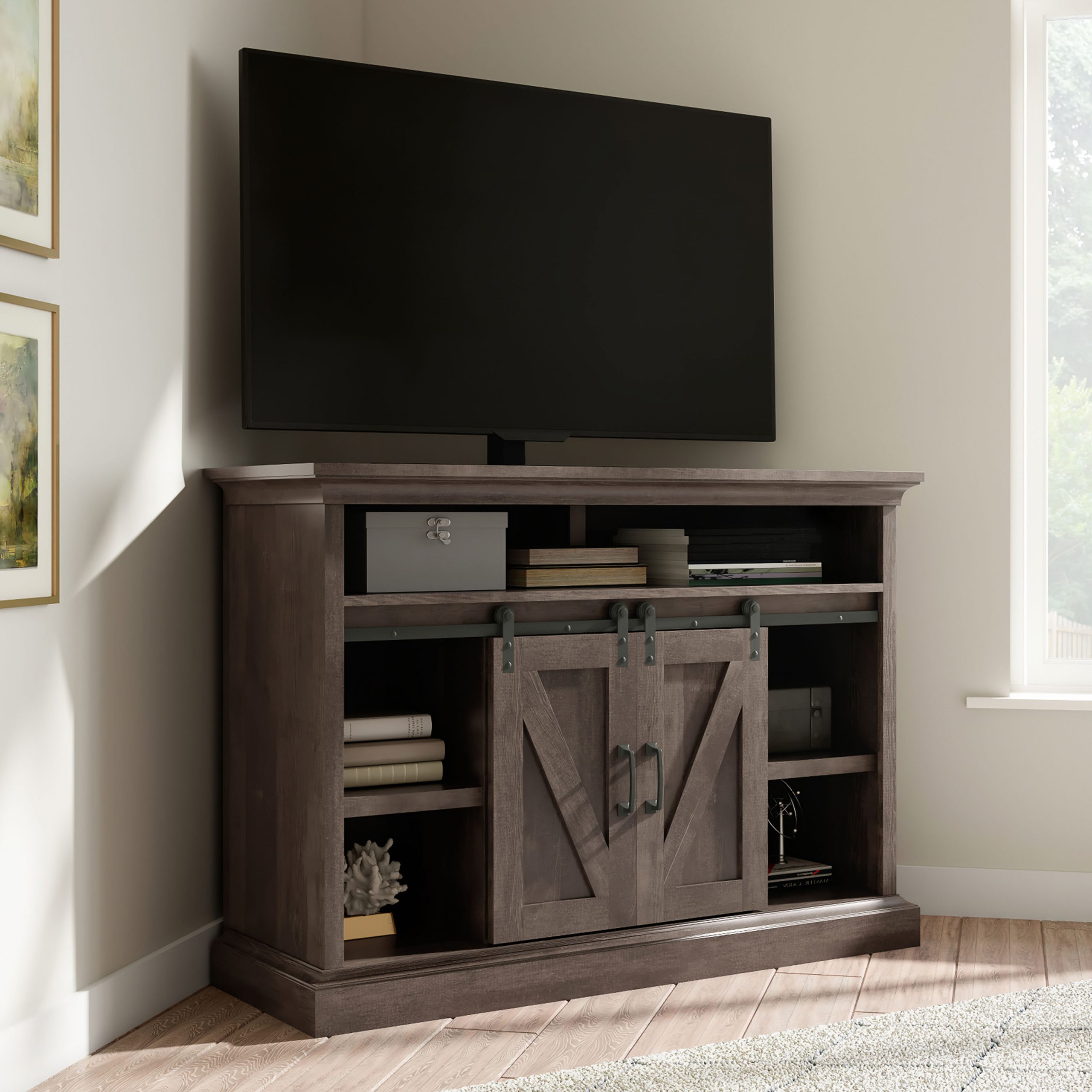 Farmhouse Sliding Barn Door Tv Stands For 70 Inch Flat Screen Inside Most Current Whalen Allston Barn Door Corner Tv Stand For 55" Tvs (View 4 of 10)