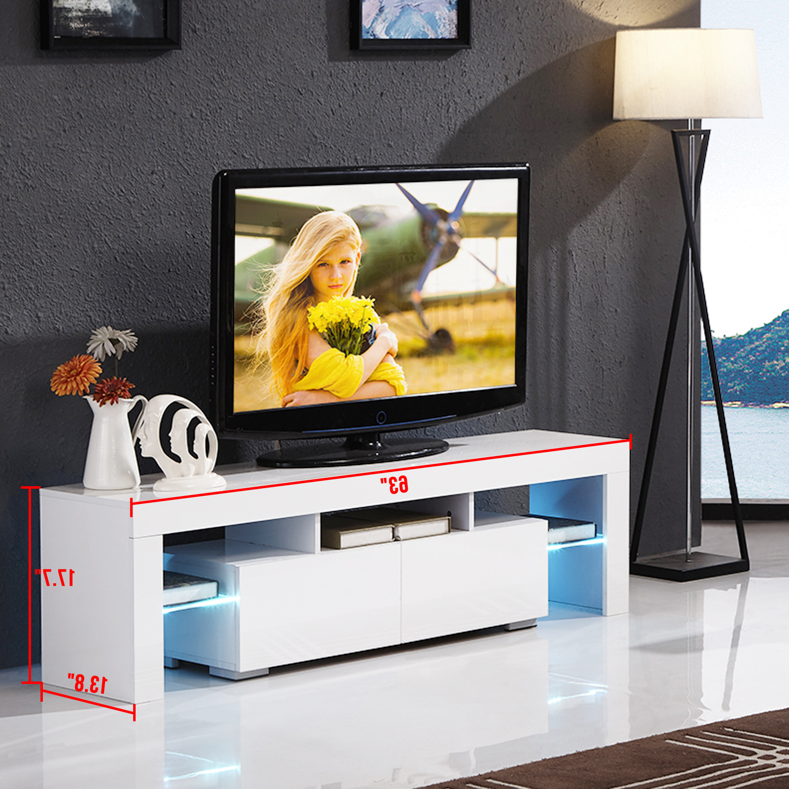 Fashionable High Gloss White Tv Stand Unit Cabinet W/led Shelves 2 Intended For Tv Stands With 2 Open Shelves 2 Drawers High Gloss Tv Unis (Photo 1 of 10)