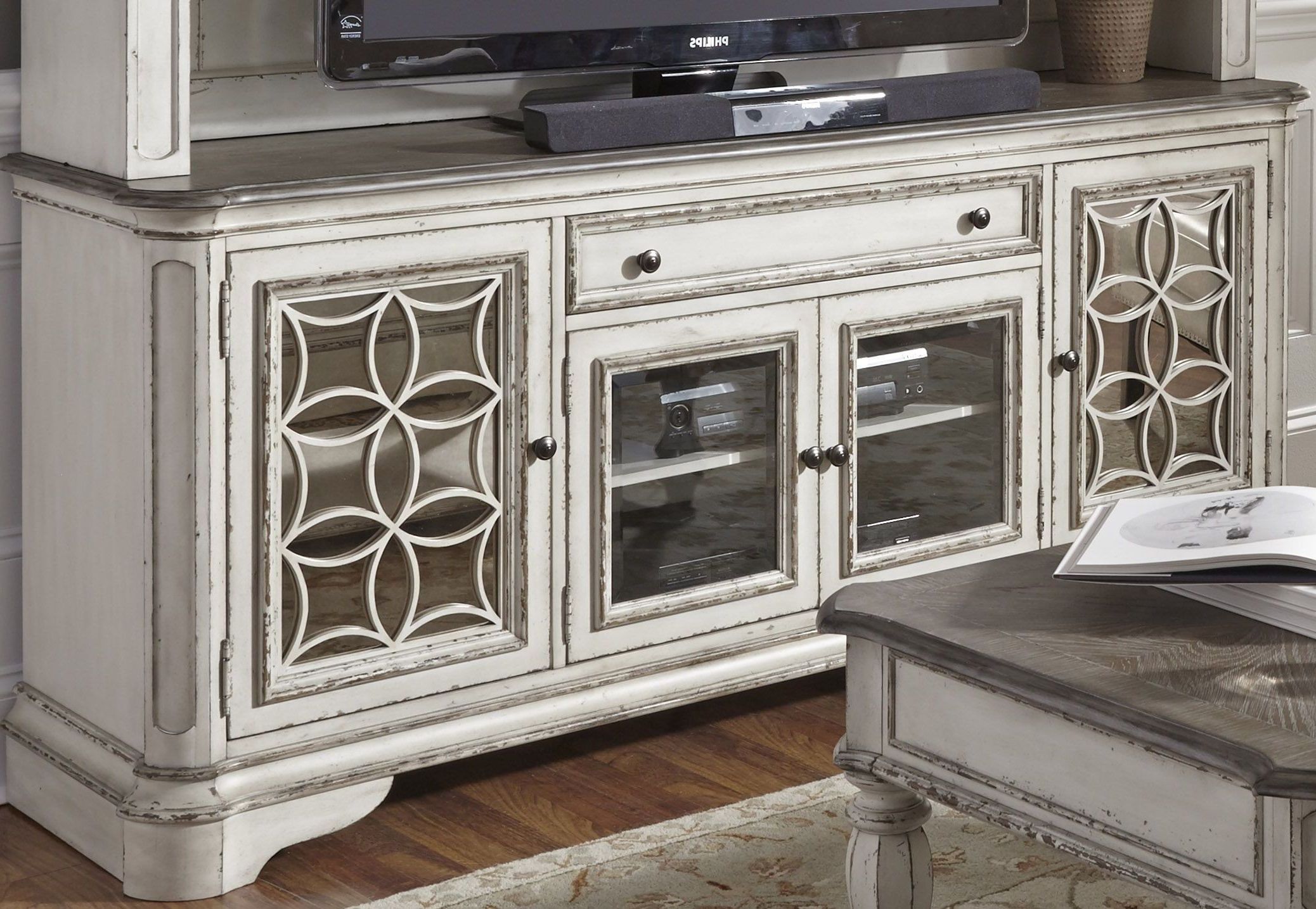 Fashionable Magnolia Manor Antique White Entertainment Tv Stand From Within Owen Retro Tv Unit Stands (View 25 of 25)